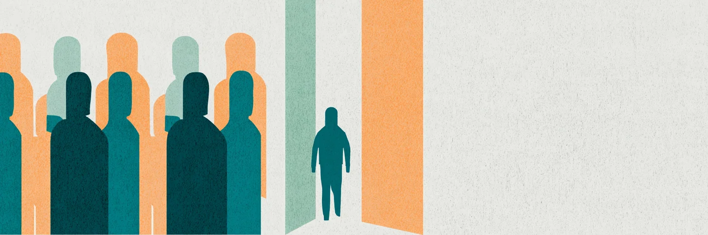 The Great Operational Filter: a crowd of figures waits on the left while one figure walks through a narrow gate.