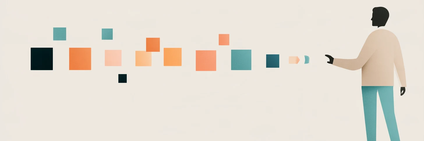 One person faces a stream of coloured squares that moves away from them: they set the direction, and the work flows on without them.