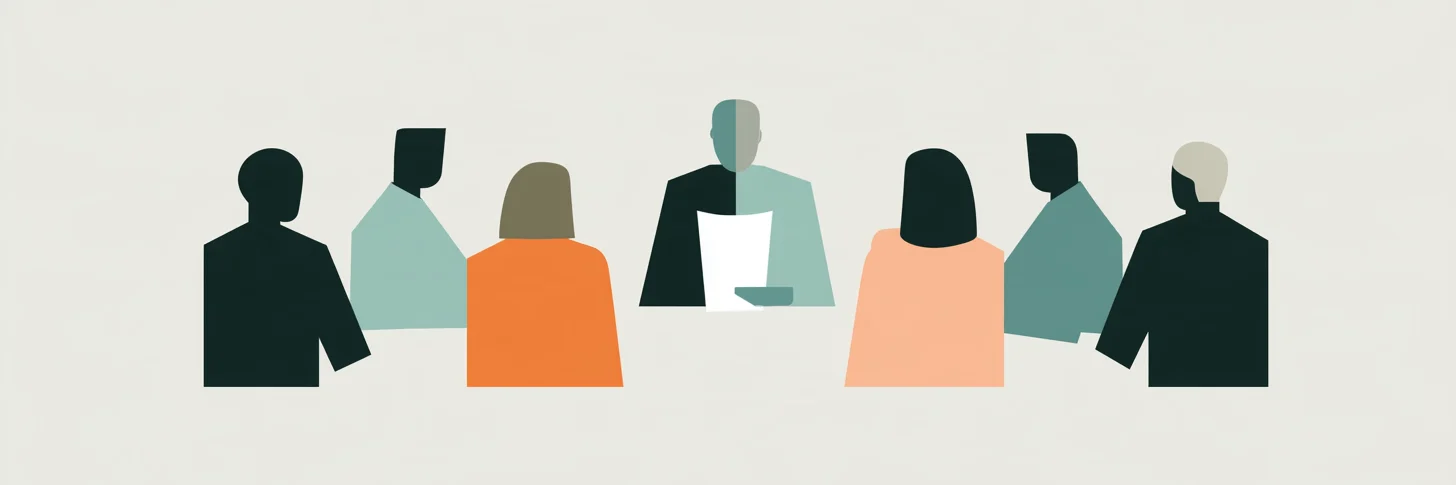 An advisory board: seven figures around a table in sage, orange and charcoal. In the middle, the chair reads a single sheet of paper.