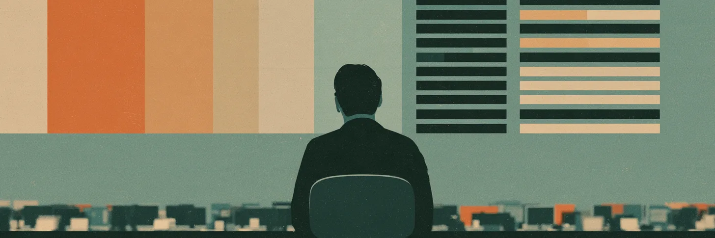 Une personne vue de dos fait face à un mur de bandes de couleur et de rangées de barres sombres, au-dessus d'une longue rangée de petits bureaux.