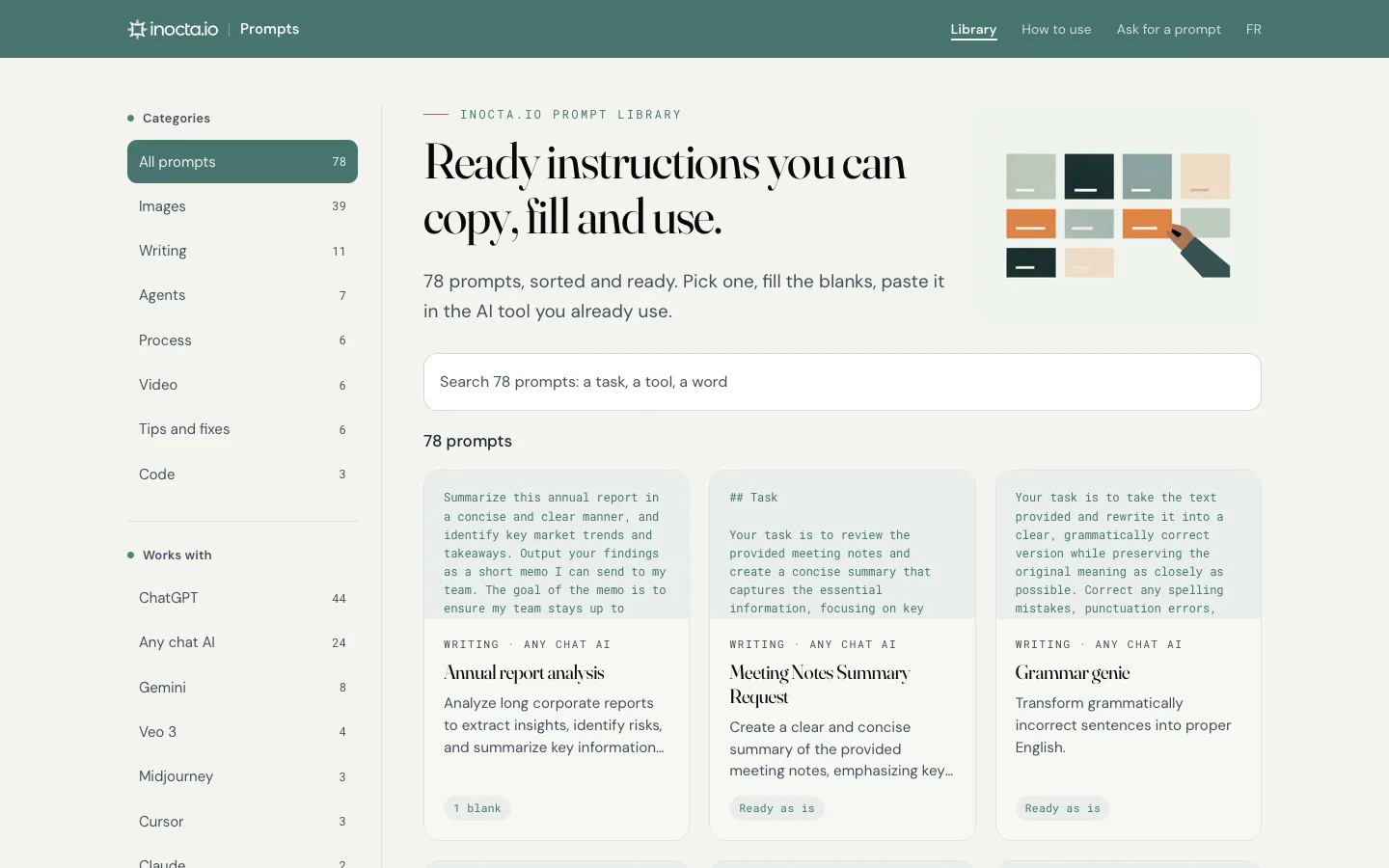 The library page: the search box and the filters on the left, the prompt cards on the right.
