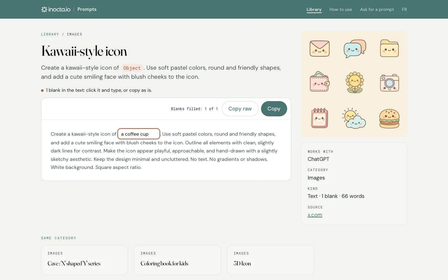 A prompt page: the blank filled with 'a coffee cup' inside the text, the Copy button above it, an example image on the right.