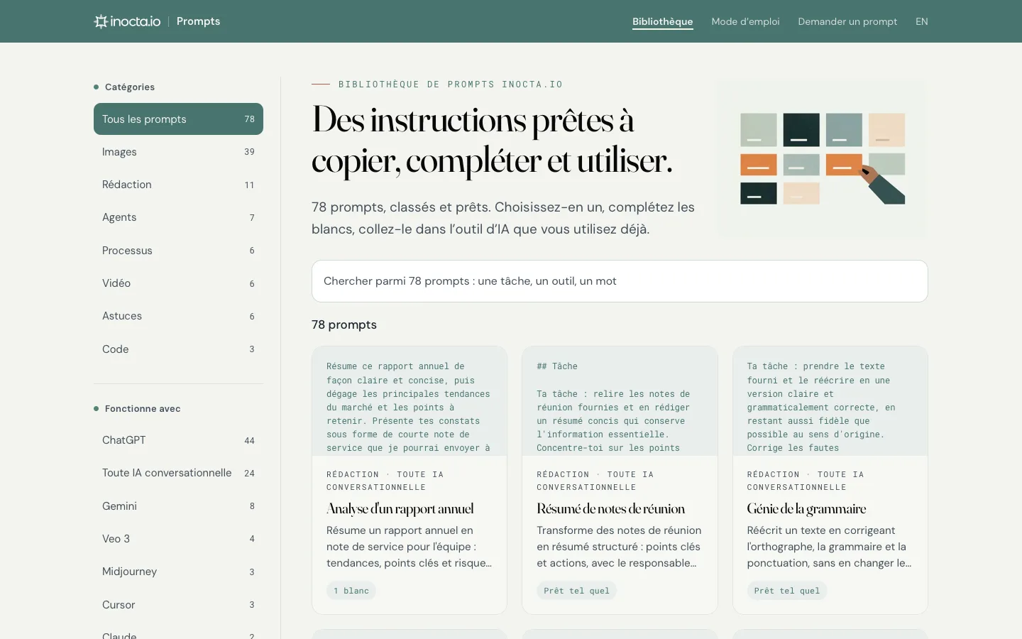 La page de la bibliothèque : la recherche et les filtres à gauche, les fiches de prompts à droite.